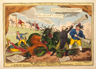 De dood van de eigendomsbelasting!! of 37 dodelijke wonden voor ministers en de inquisitiële commissarissen, pub. 1816 door George Cruikshank